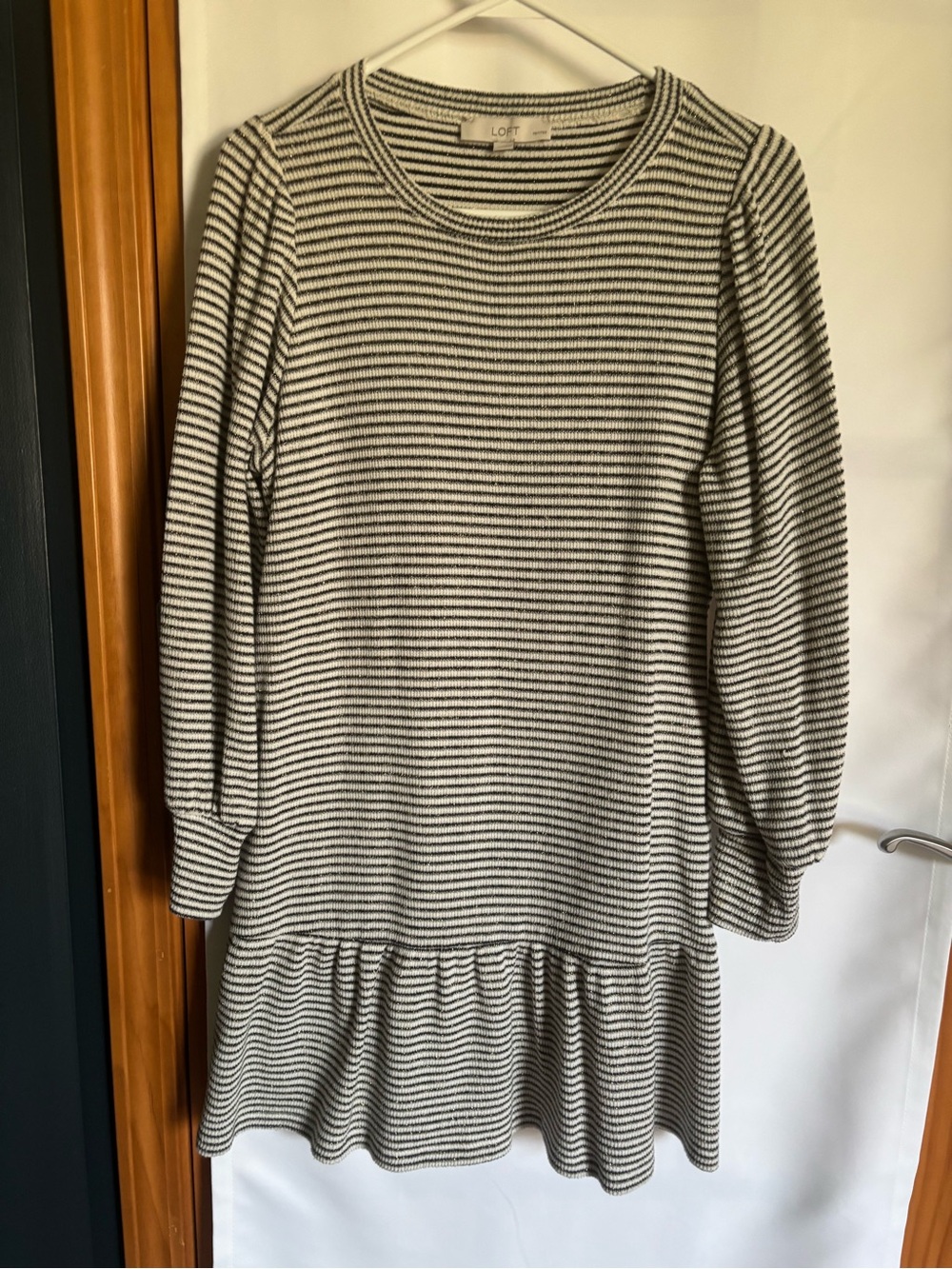 LOFT Black & White Striped Ruffle-Hem Dress